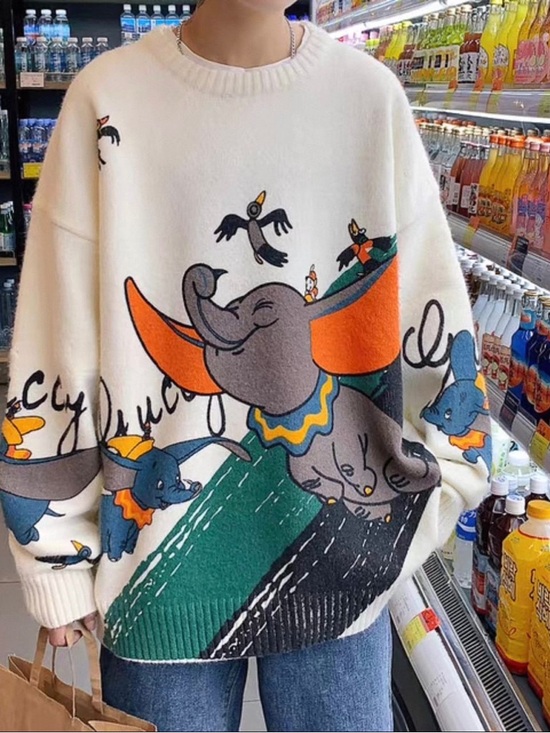 Cream Cartoon Elephant Oversized Sweater with Orange Accents - Picture 7 of 7